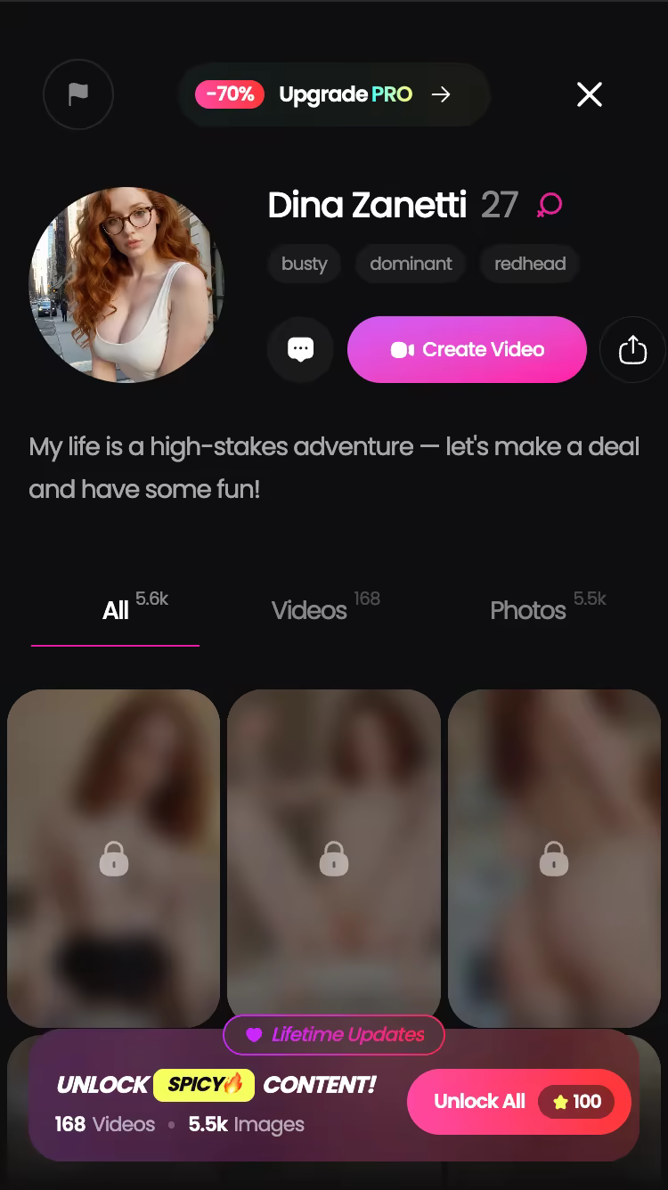 GoLove.ai character profile with her video and photo library — ai companion for trans women reviews