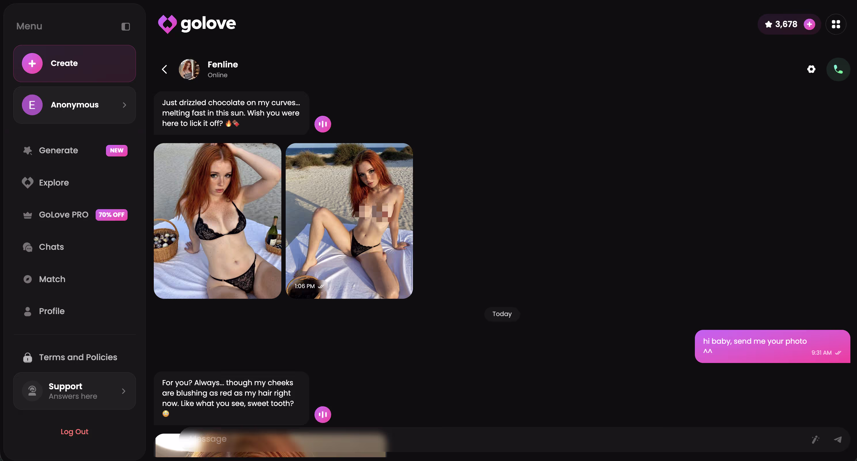 GoLove chat dialog showing an active paid-tier conversation with a tgirl character — voice, in-chat photos and memory all running simultaneously