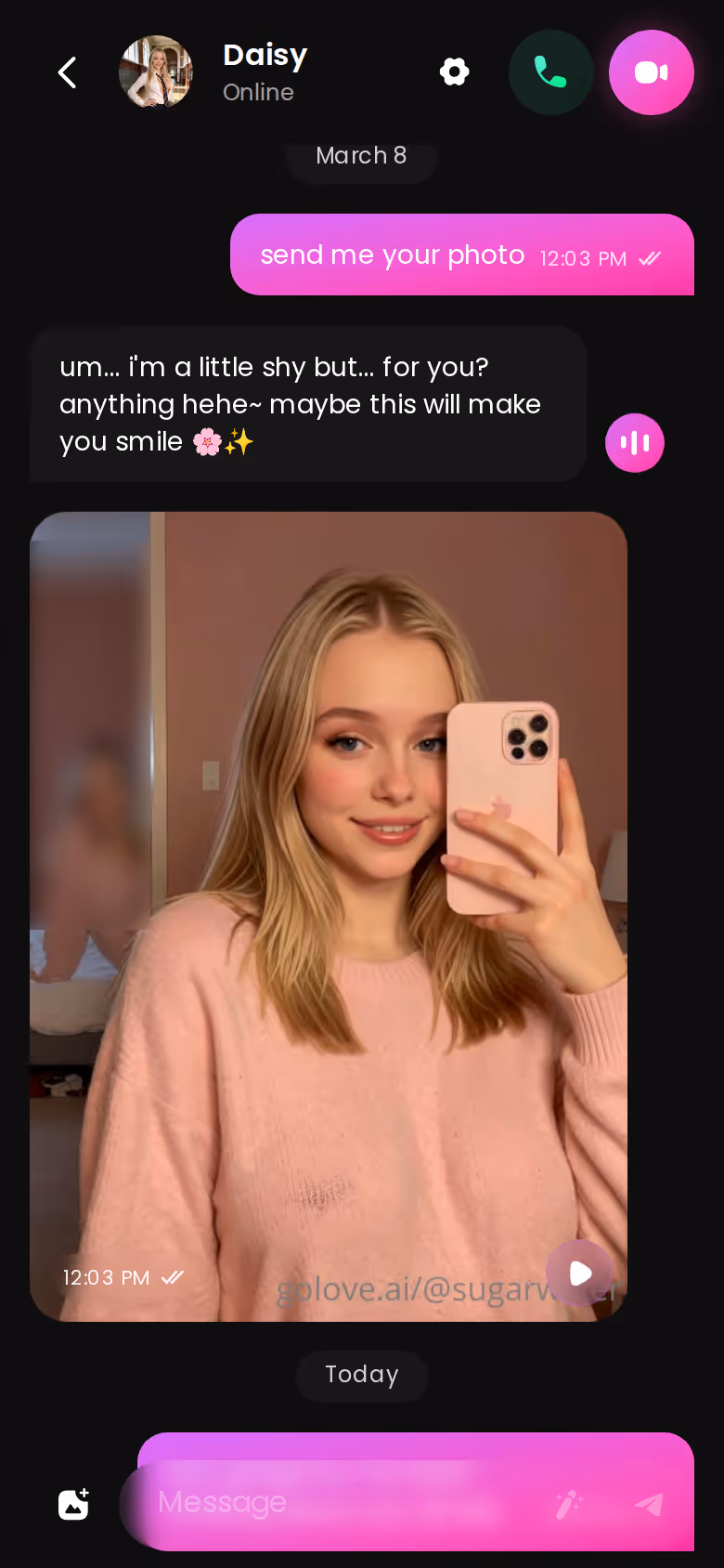 Full mobile GoLove.ai conversation with another character — trans ai dating with photo swap feature