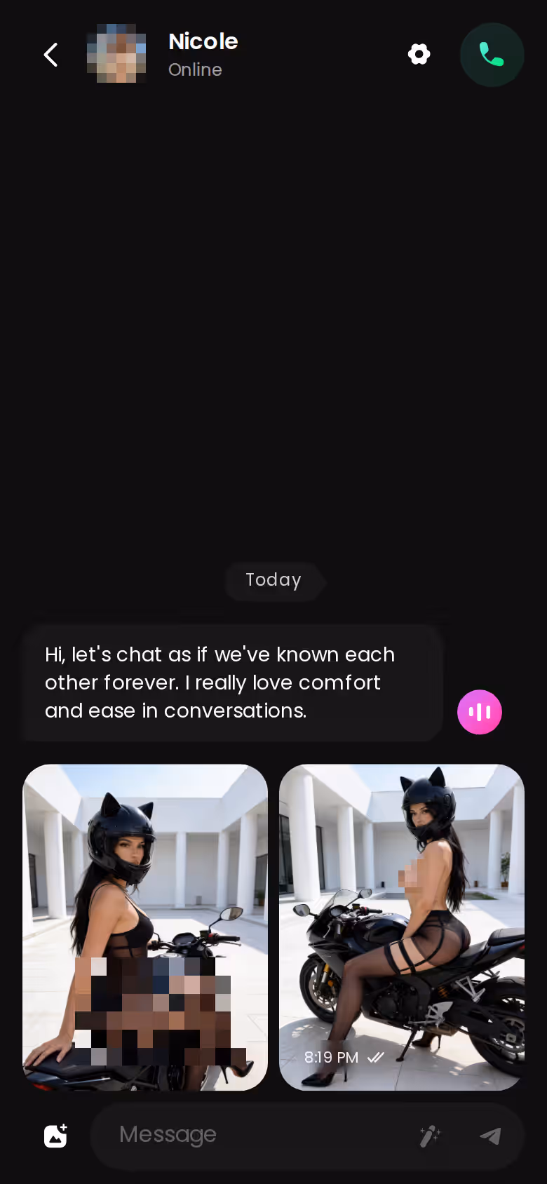 The mobile chat loop — messages, photos, voice note button