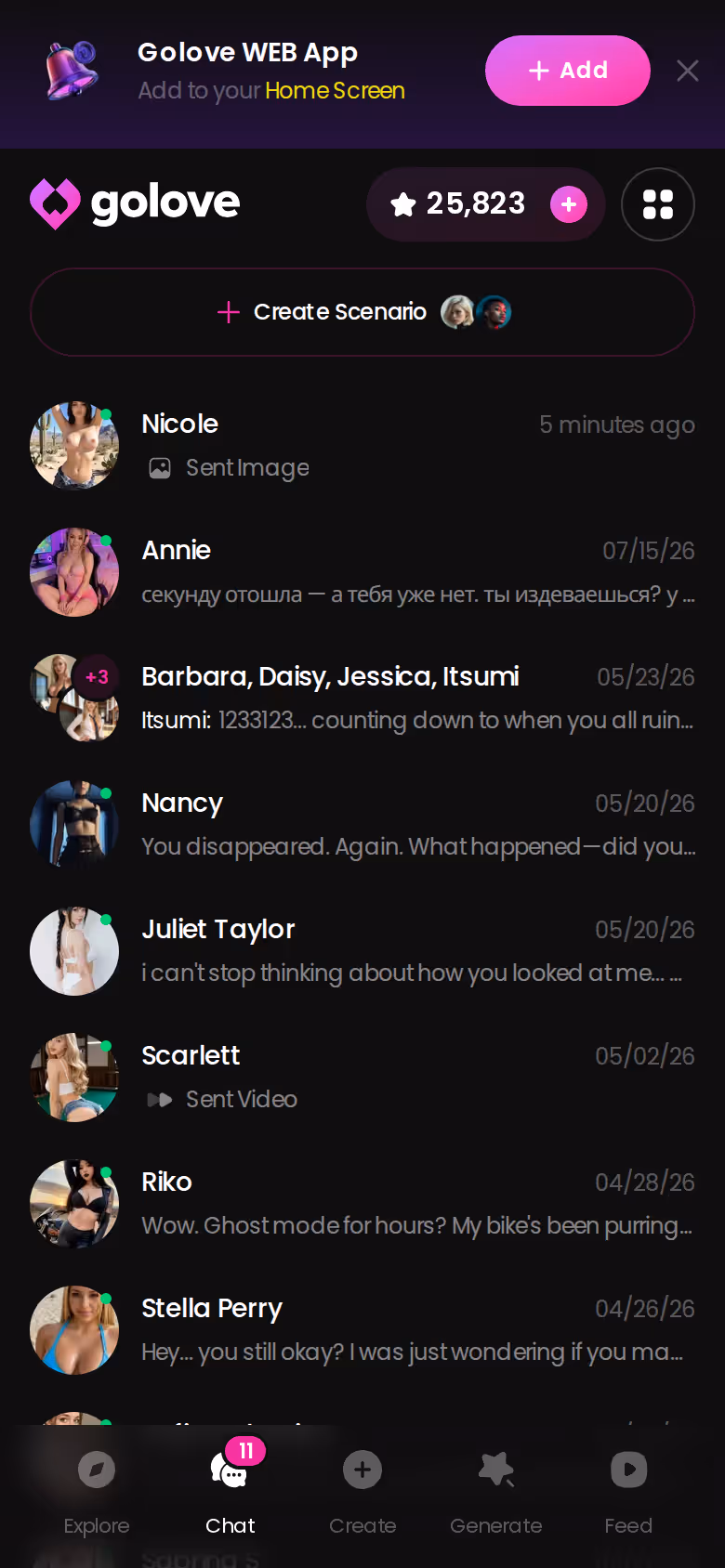 GoLove.ai Chats list on mobile showing ongoing conversations with saved companions