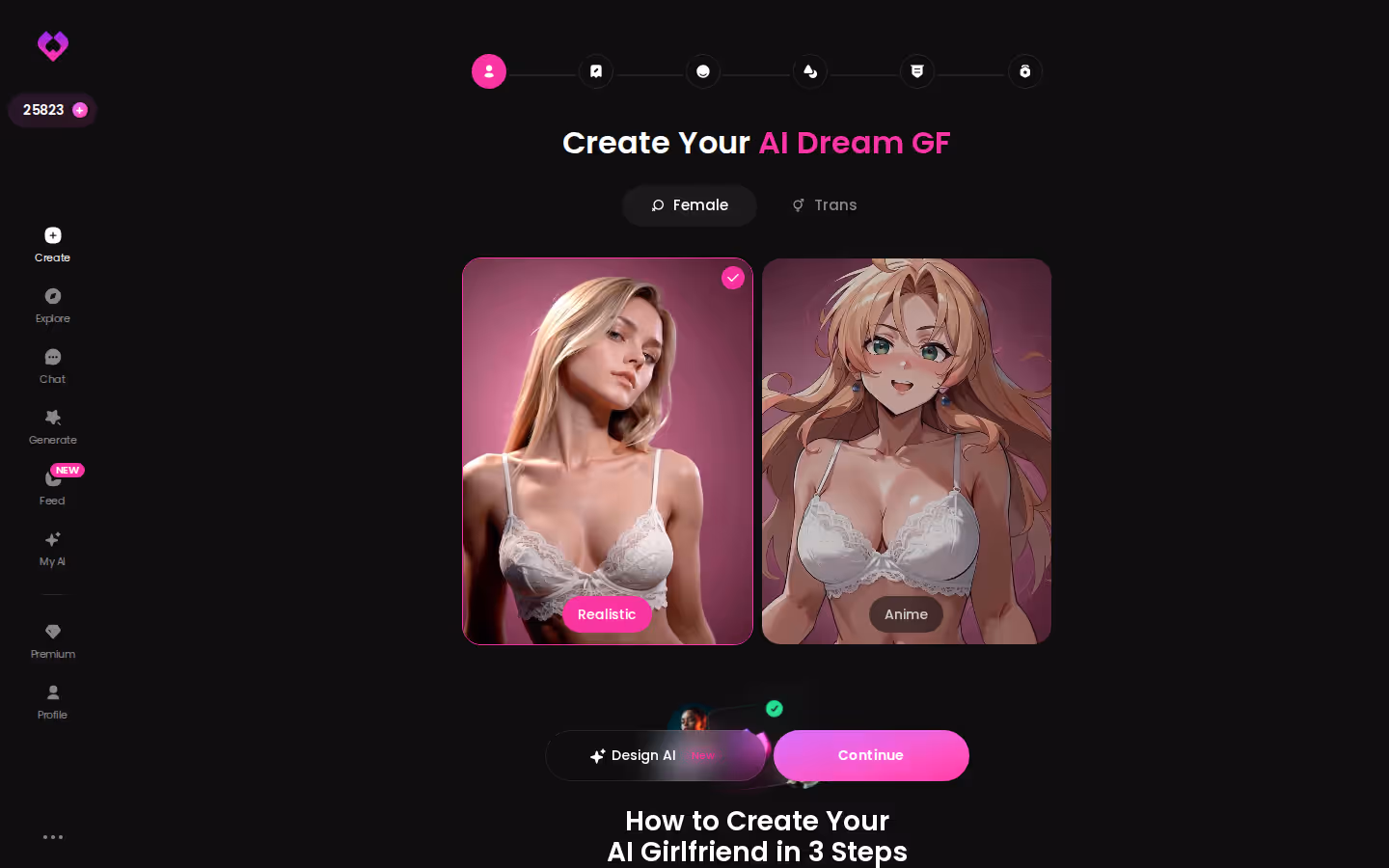 GoLove Create wizard start screen on desktop with Female and Trans toggle and Realistic and Anime cards