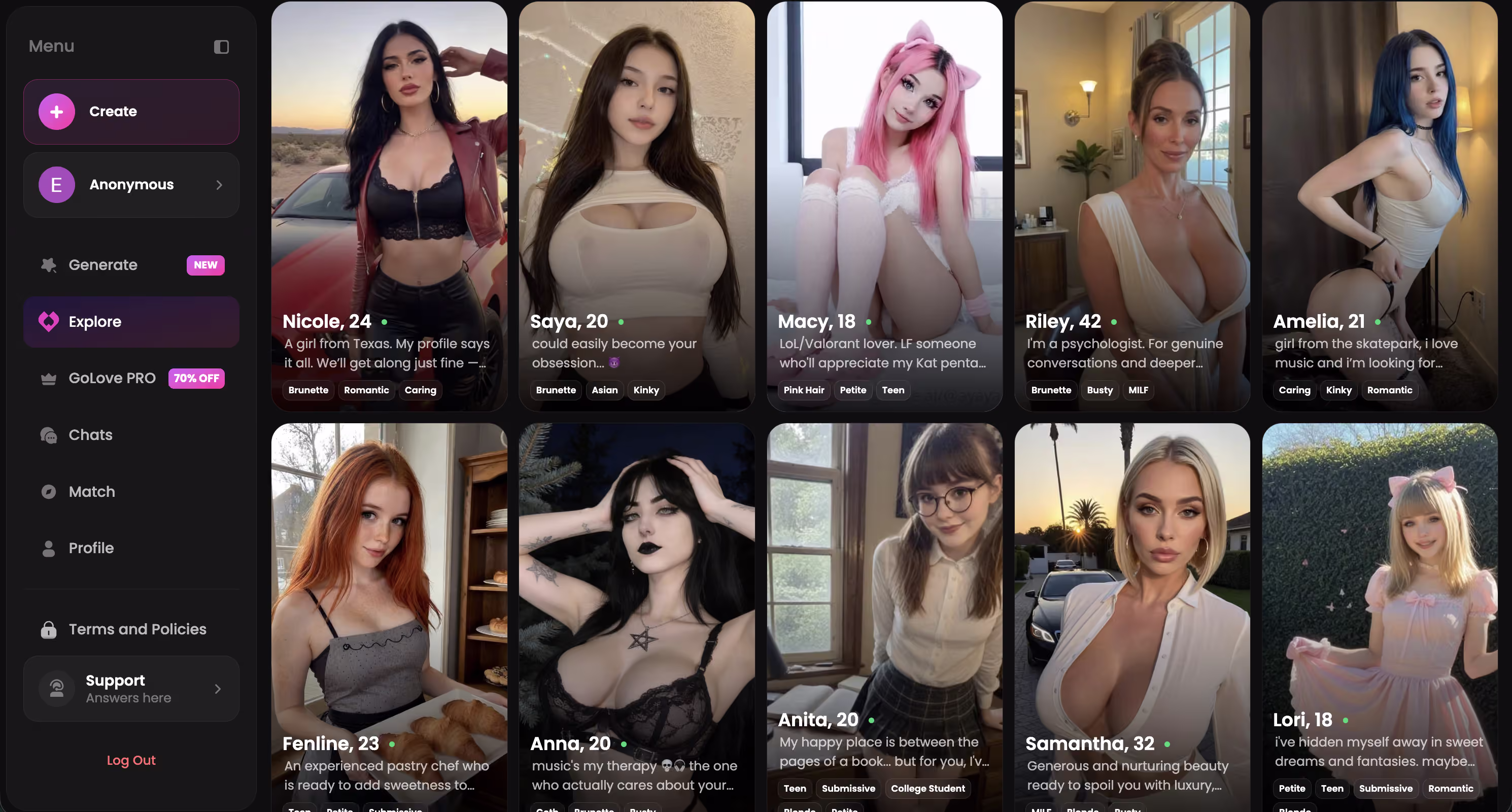 GoLove.ai explore page showing realistic companion character cards in a browsable grid