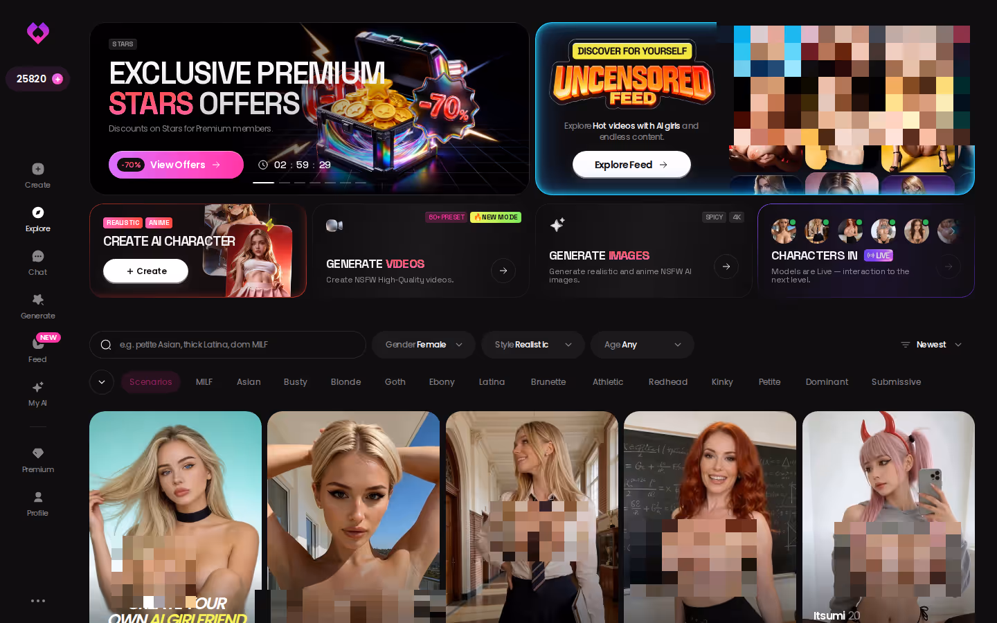 GoLove.ai Explore page with realistic character roster and filter tags