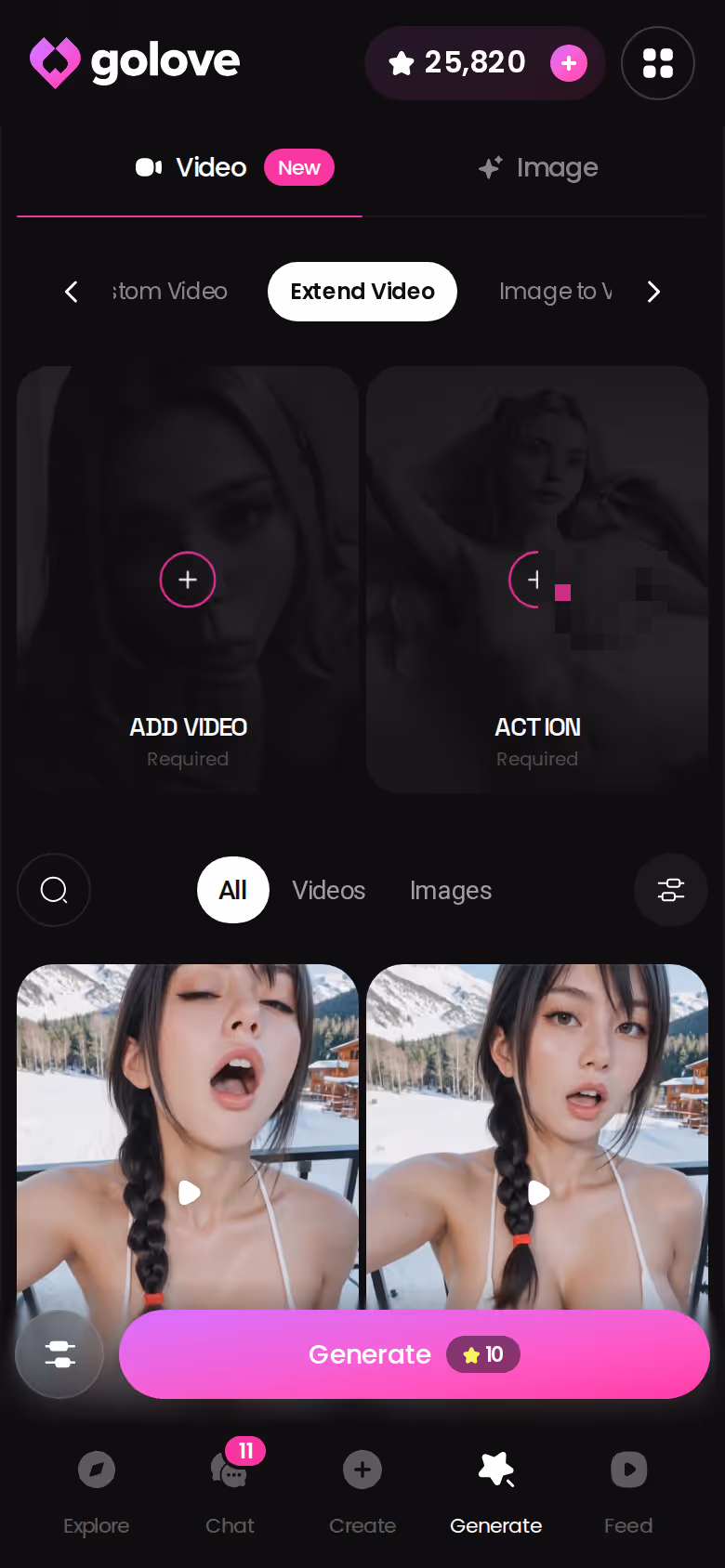 GoLove.ai video generator on mobile with the Extend Video option for a character clip