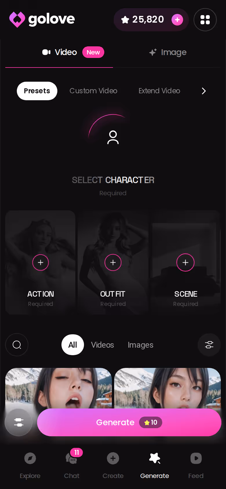 GoLove.ai Generate hub on mobile showing the image and video modes