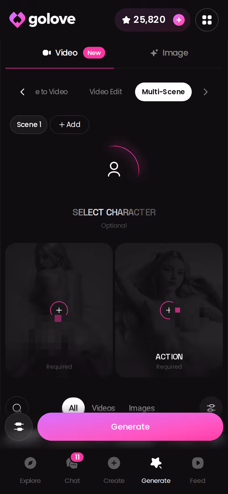 Mobile Multi Scene mode in the GoLove.ai video generator — trans ai dating with photo swap feature