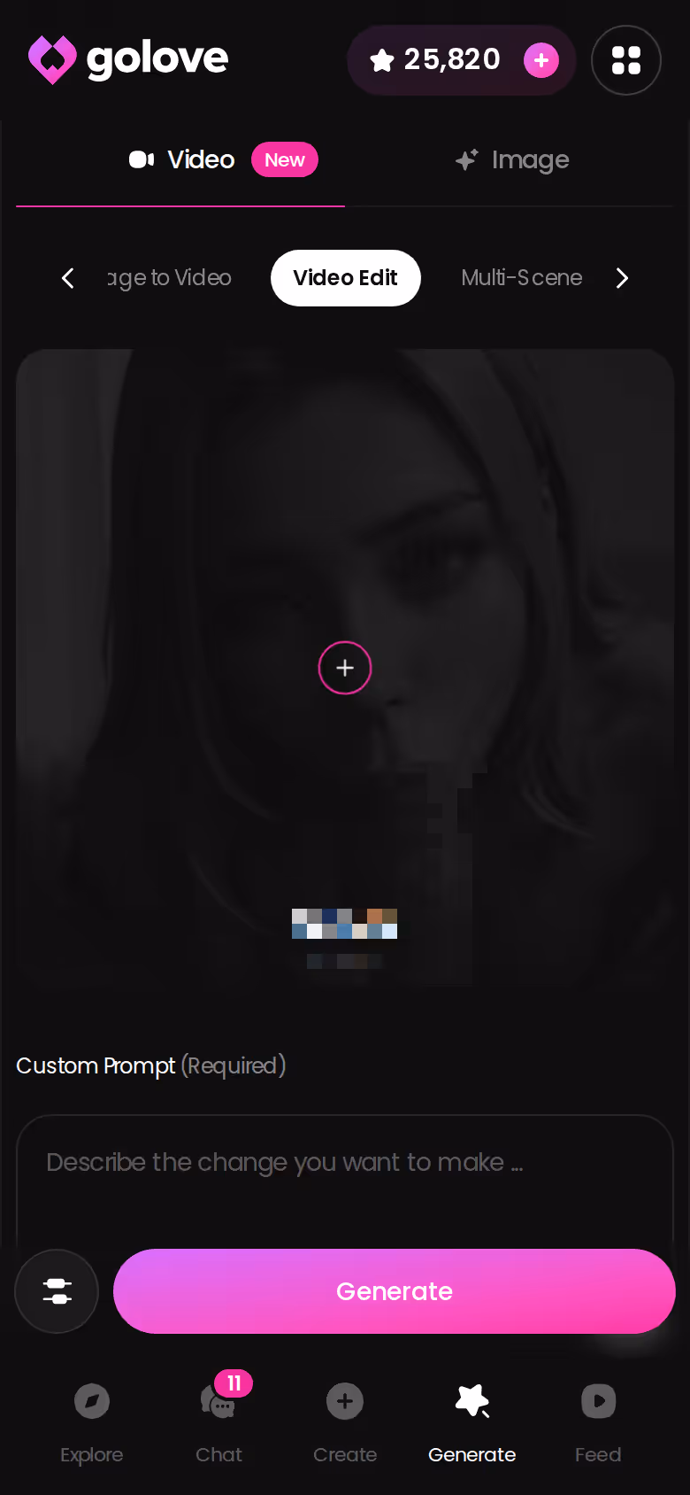 GoLove.ai video edit view in the mobile generator